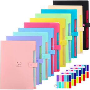 10 Pack Expanding File Folders,A4 Letter Size Accordion Document Organizer,Expandable File Folder with Snap Closure,Accordion Folder with 5 Pockets,120 Labels for School Office,12 Colors