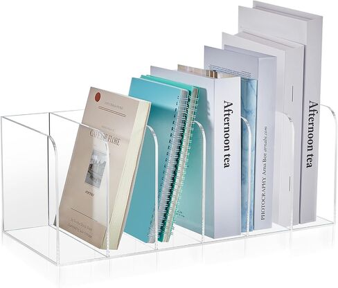 Suzile Clear Acrylic Magazine File Holder with Vertical Compartments Desk Organizer Book Rack for Desk Sorter Paper Folder Office Accessories(Clear,14.2 x 7.2 x 6.5 Inch) in Kuwait