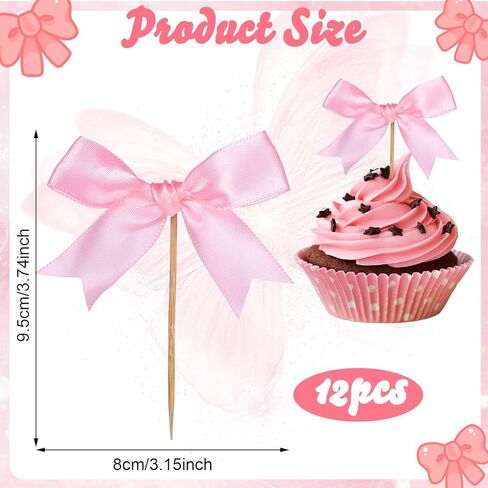 12pcs القوس الكب كيك القبعات - القبعات القوس الوردي القبعات ، القوس الكعكة أعلى ، قبعات الكب كيك الوردي ، كعكة القوس الوردي ، ديكورات كعكة القوس ، ديكورات عيد ميلاد القوس ، ديكورات الحفلات القوس ، القوس الوردي الولادة in Kuwait