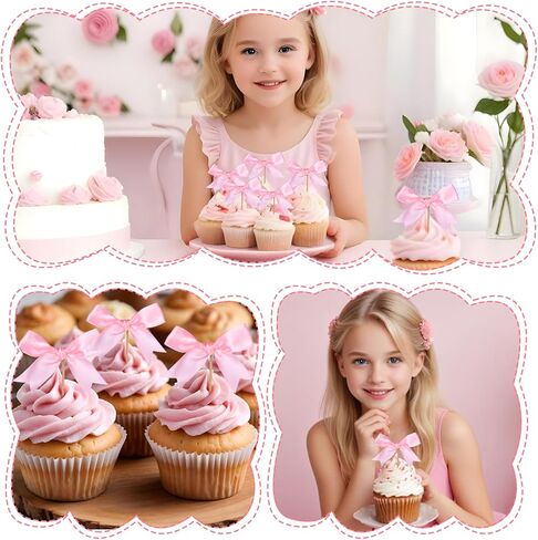 12pcs القوس الكب كيك القبعات - القبعات القوس الوردي القبعات ، القوس الكعكة أعلى ، قبعات الكب كيك الوردي ، كعكة القوس الوردي ، ديكورات كعكة القوس ، ديكورات عيد ميلاد القوس ، ديكورات الحفلات القوس ، القوس الوردي الولادة in Kuwait