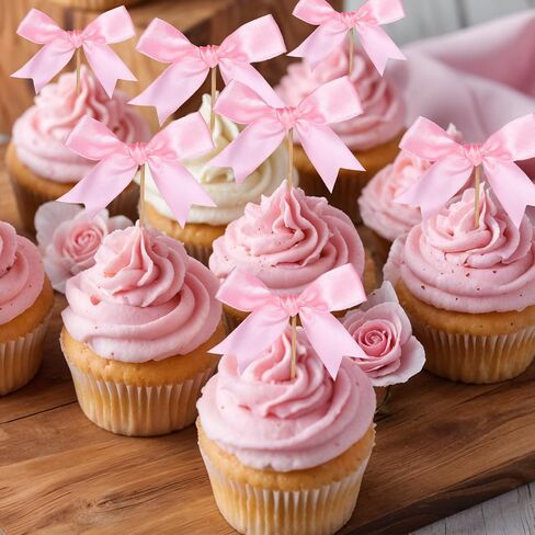 12pcs القوس الكب كيك القبعات - القبعات القوس الوردي القبعات ، القوس الكعكة أعلى ، قبعات الكب كيك الوردي ، كعكة القوس الوردي ، ديكورات كعكة القوس ، ديكورات عيد ميلاد القوس ، ديكورات الحفلات القوس ، القوس الوردي الولادة in Kuwait