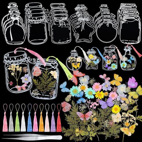 Taobary 131 PCS DIY DIY DRAPRANT FLOWMART LOCKMARM STING THELEDMANDE HANDEMANDS DIY مع أزهار مضغوطة مجففة أوراق ملصقات فراشة شرابات ملونة وملاقط لكاتب القارئ (لون المعكرون) in Kuwait