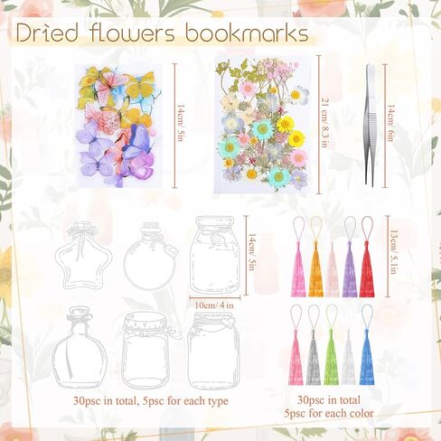 Taobary 131 PCS DIY DIY DRAPRANT FLOWMART LOCKMARM STING THELEDMANDE HANDEMANDS DIY مع أزهار مضغوطة مجففة أوراق ملصقات فراشة شرابات ملونة وملاقط لكاتب القارئ (لون المعكرون) in Kuwait