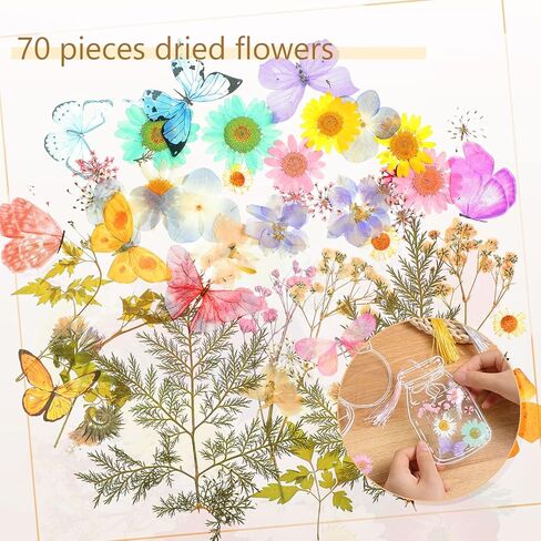 Taobary 131 PCS DIY DIY DRAPRANT FLOWMART LOCKMARM STING THELEDMANDE HANDEMANDS DIY مع أزهار مضغوطة مجففة أوراق ملصقات فراشة شرابات ملونة وملاقط لكاتب القارئ (لون المعكرون) in Kuwait