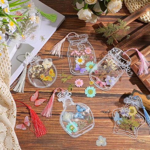 Taobary 131 PCS DIY DIY DRAPRANT FLOWMART LOCKMARM STING THELEDMANDE HANDEMANDS DIY مع أزهار مضغوطة مجففة أوراق ملصقات فراشة شرابات ملونة وملاقط لكاتب القارئ (لون المعكرون) in Kuwait