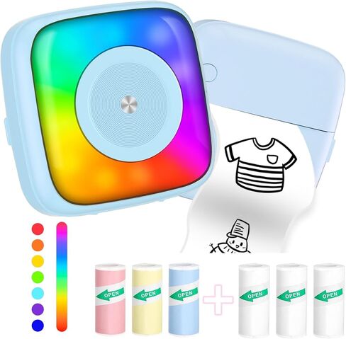 Mini Printer Sticker Printer Print Pod with 6 Rolls Sticker Paper, Seven Color Lighting Modes for DIY Scrapbook, Travel, Notes, Label, Memo, Compatible with iOS&Android in Saudi Arabia