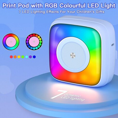 Mini Printer Sticker Printer Print Pod with 6 Rolls Sticker Paper, Seven Color Lighting Modes for DIY Scrapbook, Travel, Notes, Label, Memo, Compatible with iOS&Android in Saudi Arabia