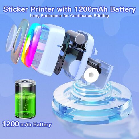 Mini Printer Sticker Printer Print Pod with 6 Rolls Sticker Paper, Seven Color Lighting Modes for DIY Scrapbook, Travel, Notes, Label, Memo, Compatible with iOS&Android in Saudi Arabia