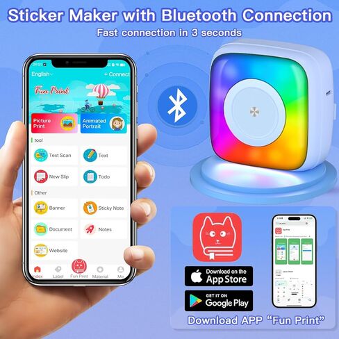 Mini Printer Sticker Printer Print Pod with 6 Rolls Sticker Paper, Seven Color Lighting Modes for DIY Scrapbook, Travel, Notes, Label, Memo, Compatible with iOS&Android in Saudi Arabia