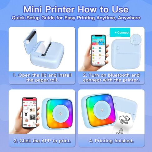 Mini Printer Sticker Printer Print Pod with 6 Rolls Sticker Paper, Seven Color Lighting Modes for DIY Scrapbook, Travel, Notes, Label, Memo, Compatible with iOS&Android in Saudi Arabia