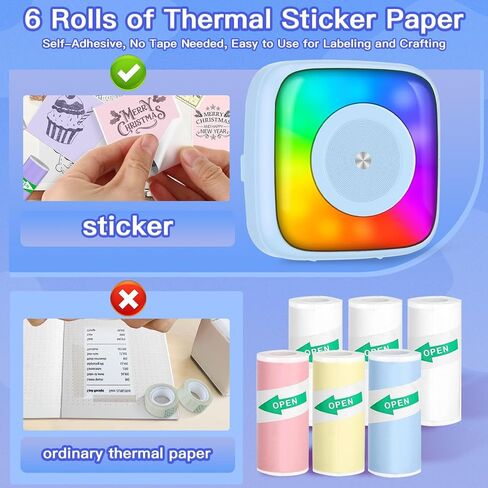 Mini Printer Sticker Printer Print Pod with 6 Rolls Sticker Paper, Seven Color Lighting Modes for DIY Scrapbook, Travel, Notes, Label, Memo, Compatible with iOS&Android in Saudi Arabia
