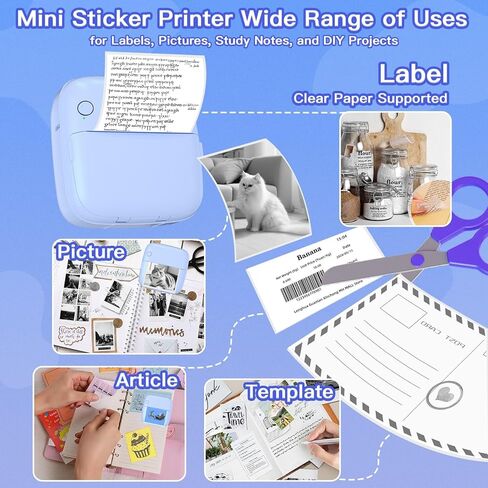 Mini Printer Sticker Printer Print Pod with 6 Rolls Sticker Paper, Seven Color Lighting Modes for DIY Scrapbook, Travel, Notes, Label, Memo, Compatible with iOS&Android in Saudi Arabia