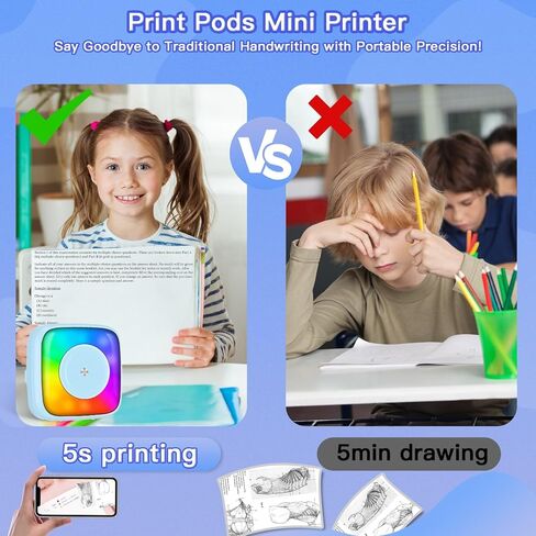 Mini Printer Sticker Printer Print Pod with 6 Rolls Sticker Paper, Seven Color Lighting Modes for DIY Scrapbook, Travel, Notes, Label, Memo, Compatible with iOS&Android in Saudi Arabia