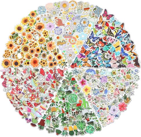 300 PCS Plant Flower Stickers للأطفال ، زهرة الفينيل المقاومة للماء ، عباد الشمس ، الأوراق الخضراء ، ملصقات الفطر للكمبيوتر المحمول ، الهاتف ، لوح التزلج ، ملصقات للبالغين الفتيات والأطفال （6 أنماط in Kuwait