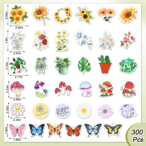 300 PCS Plant Flower Stickers للأطفال ، زهرة الفينيل المقاومة للماء ، عباد الشمس ، الأوراق الخضراء ، ملصقات الفطر للكمبيوتر المحمول ، الهاتف ، لوح التزلج ، ملصقات للبالغين الفتيات والأطفال （6 أنماط in Kuwait