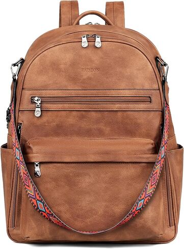 FADEON 15.6 محفظة حقيبة الظهر المحمول للنساء Pu Leather Computer Bag Desingner Travel Back Pack مع مقصورة الكمبيوتر المحمول البني in Kuwait