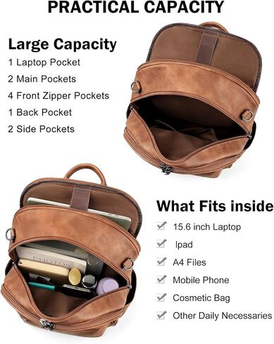 FADEON 15.6 محفظة حقيبة الظهر المحمول للنساء Pu Leather Computer Bag Desingner Travel Back Pack مع مقصورة الكمبيوتر المحمول البني in Kuwait