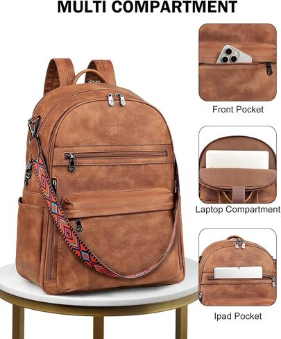 FADEON 15.6 محفظة حقيبة الظهر المحمول للنساء Pu Leather Computer Bag Desingner Travel Back Pack مع مقصورة الكمبيوتر المحمول البني in Kuwait