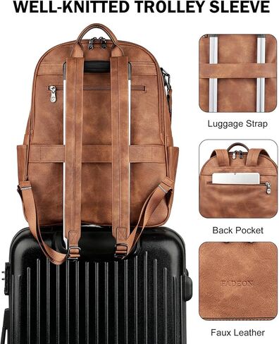 FADEON 15.6 محفظة حقيبة الظهر المحمول للنساء Pu Leather Computer Bag Desingner Travel Back Pack مع مقصورة الكمبيوتر المحمول البني in Kuwait
