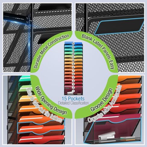 15 Tier Wall File Holder Hanging Wall File Organizer for Papers Mails Folders Document Magazine Organization, for Office School Home, Black in Kuwait