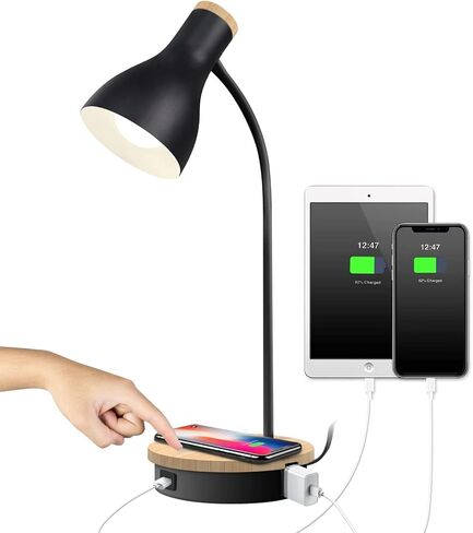 Metal Desk Lamp Wireless Charging Table Lamp Touch Reading Lights Arc Desk Lamps for Bedroom, 3 Way Dimmable Bedside Lamp with USB Charging Ports Lamp for Study Room and Office (Black) in Kuwait