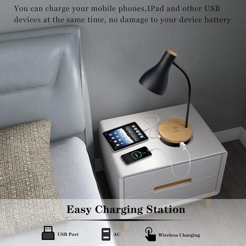 Metal Desk Lamp Wireless Charging Table Lamp Touch Reading Lights Arc Desk Lamps for Bedroom, 3 Way Dimmable Bedside Lamp with USB Charging Ports Lamp for Study Room and Office (Black) in Kuwait