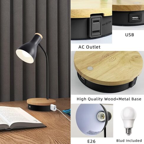 Metal Desk Lamp Wireless Charging Table Lamp Touch Reading Lights Arc Desk Lamps for Bedroom, 3 Way Dimmable Bedside Lamp with USB Charging Ports Lamp for Study Room and Office (Black) in Kuwait