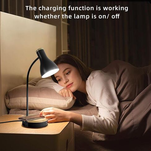 Metal Desk Lamp Wireless Charging Table Lamp Touch Reading Lights Arc Desk Lamps for Bedroom, 3 Way Dimmable Bedside Lamp with USB Charging Ports Lamp for Study Room and Office (Black) in Kuwait