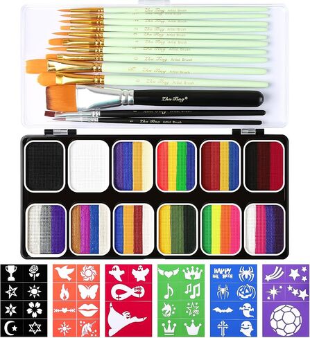 39 Colors Face Paint Kit For Kids: Professional Face Painting Kit with 6 Stencils and 13 Brushes - Water Activated Facepaint Makeup Kit - Non Toxic Face Paint for Halloween and Christmas in Kuwait
