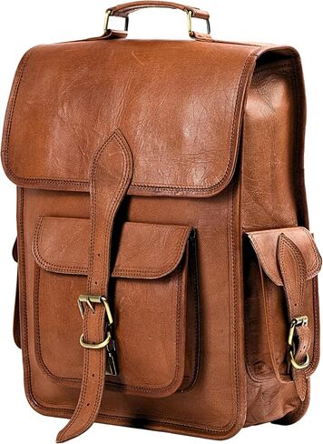 Genuine Leather Backpack for Men, 15 Inch Laptop Bag, Leather Travel Backpack for Women, Vintage Designer Bookbag, Archeology Art Work & Hiking Rucksack - Brown in Saudi Arabia