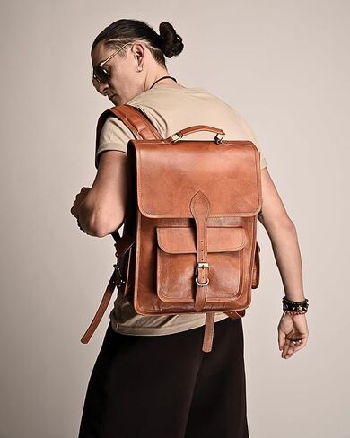Genuine Leather Backpack for Men, 15 Inch Laptop Bag, Leather Travel Backpack for Women, Vintage Designer Bookbag, Archeology Art Work & Hiking Rucksack - Brown in Saudi Arabia
