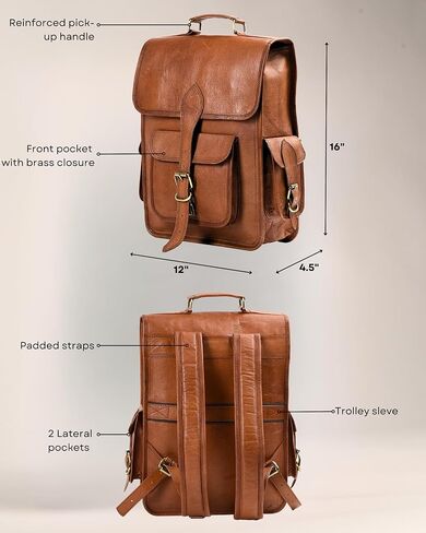 Genuine Leather Backpack for Men, 15 Inch Laptop Bag, Leather Travel Backpack for Women, Vintage Designer Bookbag, Archeology Art Work & Hiking Rucksack - Brown in Saudi Arabia