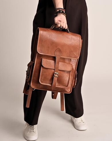 Genuine Leather Backpack for Men, 15 Inch Laptop Bag, Leather Travel Backpack for Women, Vintage Designer Bookbag, Archeology Art Work & Hiking Rucksack - Brown in Saudi Arabia