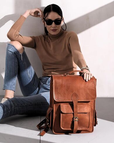 Genuine Leather Backpack for Men, 15 Inch Laptop Bag, Leather Travel Backpack for Women, Vintage Designer Bookbag, Archeology Art Work & Hiking Rucksack - Brown in Saudi Arabia