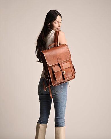 Genuine Leather Backpack for Men, 15 Inch Laptop Bag, Leather Travel Backpack for Women, Vintage Designer Bookbag, Archeology Art Work & Hiking Rucksack - Brown in Saudi Arabia