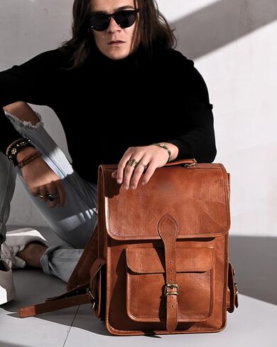 Genuine Leather Backpack for Men, 15 Inch Laptop Bag, Leather Travel Backpack for Women, Vintage Designer Bookbag, Archeology Art Work & Hiking Rucksack - Brown in Saudi Arabia