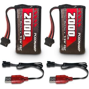 Gel Blaster Battery 2000mAh 7.4V Li-ion Battery with SM-4P Plug Rechargeable High Capacity RC Battery with 2 USB Charger Cable for Remote Control Car RC Boat