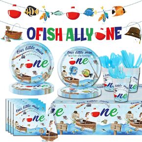 Ofishally One First Birthday Decorations - Fishing Birthday Themed Party Supplies for Boys, Including Banners, Plates, Knives, Forks, Spoons, Tissues, Tablecloths for 24 Guests