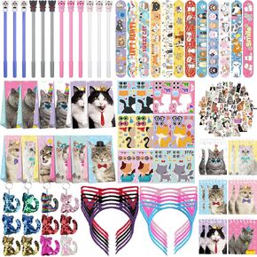 139PCS Cat Party Favors - 12 Cat Stickers 12 Slap Bracelets 12 Cat Ears Headband 12 Cat Animal Mini Notepad 12 Cat Face Pen 12 Cat Keychain 12 Cat Favor Bag 42 cat stickers for Cat Party Supplies