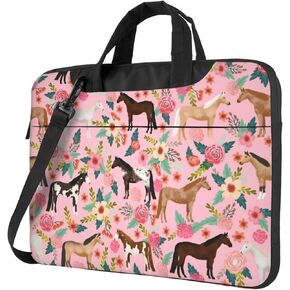 Unisex Adult 13 Inch Horses Floral Green Modern Laptop Bag with Adjustable Strap, Animal Print Pattern, Shockproof Inner Lining, 2 Compartments, 4 Pockets, Briefcase Silhouette
