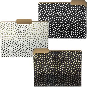Graphique Designer Black, White, and Gold Polka Dots File Folders | Set of 9 (3 Designs) | Letter Size Organizers | Decorative Office Supplies | Durable Coated Cardstock | 1/3-Cut Tabs