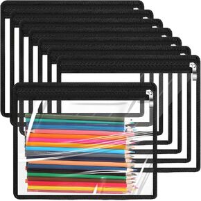 8 Pieces Clear Zipper Pouches Pencil Pouches PVC Makeup Pouch Envelopes Folder Storage Multi Purpose Pouch Document File Organization Bags, Office Supplies (Black Edging, 9.8 x 8 Inches)