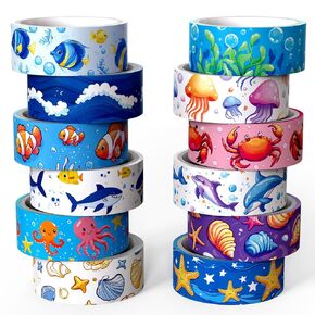 12 Rolls Blue Ocean Washi Tape Set, Cartoon Sea Animals Aesthetic Decorative Tape Waves Shells Dolphins Starfish Masking Washi Tape for Journaling Supplies, Scrapbooking, DIY Arts & Crafts