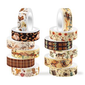 Adirasenotek 12 Rolls Western Washi Tape Set, Cowboy Cowgirl Decorative Paper Stickers, DIY Art Crafts Wrapping Decor for Gifts, Cowboy Stickers