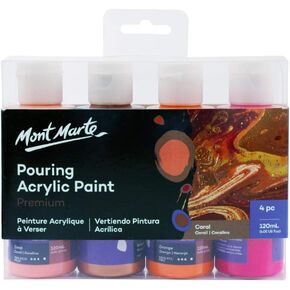 Mont　Marte Acrylic Pouring Paint Set, Coral Color, Pouring Paint, 4 x 120 ml, Paine, Mixed, Premixed, Canvas, Wood, Medium Density Fiberboard, Air Dry Clay and More