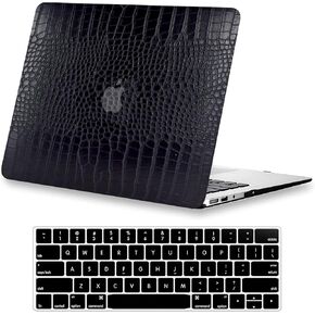 KEROM Compatible with MacBook Air 13 inch Case 2017-2010 Release A1369 A1466, Crocodile Skin Alligator Skin PU Leather Hard Shell Case & Keyboard Cover for Mac Air 13 2010-2017 (Older Version), Black