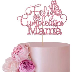 Rose Gold Feliz Cumpleanos Mama Cake Topper for Mother's Day Party Decor, Butterfly Sign Gold Glitter Happy Birthday Mother Cake Topper, Spanish Best Mom Ever Party Decorations