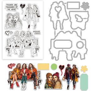GLOBLELAND Bestie Clear Stamps and Cutting Dies for Card Making Best Friend Silicone Transparent Stamp Metal Lady Friend Die Cuts for DIY Scrapbooking Album Journal Paper Crafts Decor