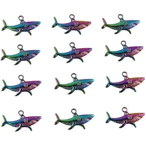 12 Pcs Rainbow Shark Shape Charms,Stainless Steel Ocean Animal Pendants Shark Fish Charms for Jewelry Making,DIY Bracelet Necklace Accessories
