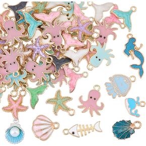 SUNNYCLUE 1 Box 116Pcs 13 Styles Enamel Sea Charms Ocean Theme Charm Bulk Metal Gold Alloy Summer Beach Shell Starfish Dolphin Fish Mermaid Charm for Jewelry Making Charms Bracelet DIY Craft Supplies
